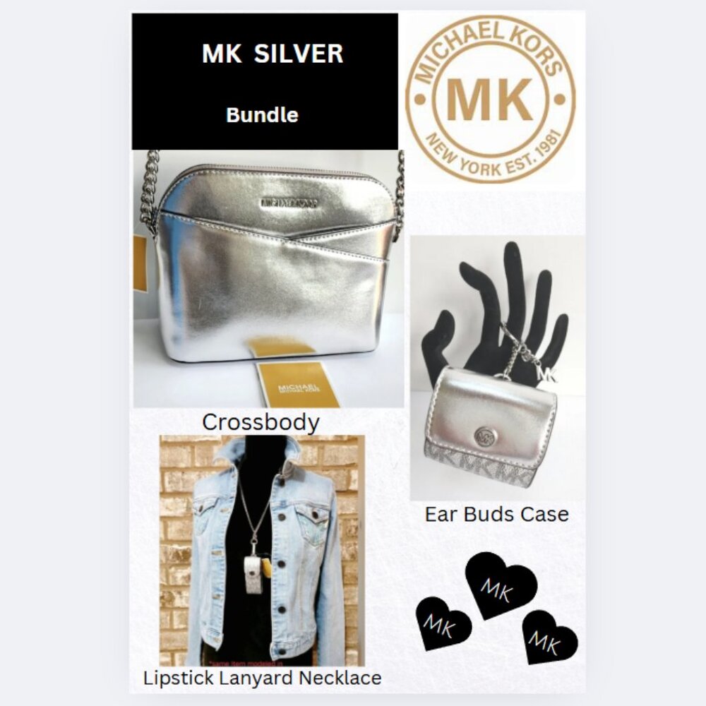 Michael Kors SILVER Bag, Earbuds Keyring, Lipstick Lanyard Necklace BUNDLE NWT!